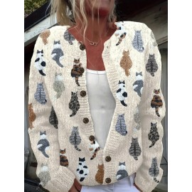 [Playful Design] Plus Size - Women's Lightweight Sweater Jacket - Pastel Pink With Black & White Animal Print, Button-Front Closure, Non-Bulky Long Sleeve Cardigan For Fall/Winter, Everyday & Formal Outfits - Position BK 052032, Fall Fashion, Playful Design, Comfortable Fit, Stylish Outerwear, Fashion Lovers, Cat Cardigan/Sweater For Women, Cardigan For Curvy Women, Curve Cat Print, Cardigans Women Good Quality, Vest Woman Large Size With Sleeve