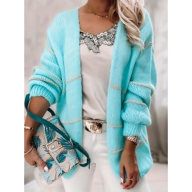 [Chic Cardigan] Plus Size Women's Chic Color-Block Striped V-Neck Cardigan | Long Sleeve, Beige & White, Casual Fall/Winter Outerwear with Lace Detail, Lace Trim