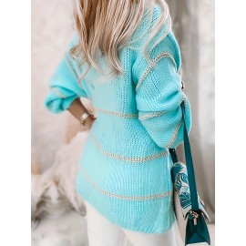 [Chic Cardigan] Plus Size Women's Chic Color-Block Striped V-Neck Cardigan | Long Sleeve, Beige & White, Casual Fall/Winter Outerwear with Lace Detail, Lace Trim