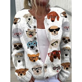 Plus Size - Women'S Cardigan Long Sleeved Jacket Sweater 3D Printed Dog Sweater, Youthful Style