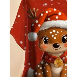 A Plus-Size Women'S T-Shirt Featuring a Reindeer Print with a Christmas Hat - Breathable, Round-Neck, Short-Sleeve Summer Top, Machine Washable with Artistic Design, Made from Comfortable Fabric, Perfect for Casual Wear, a Must-Have for Summer Outfi