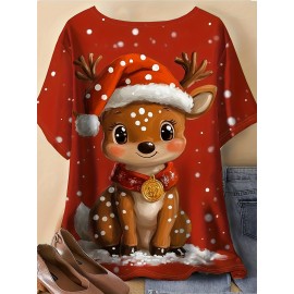 A Plus-Size Women'S T-Shirt Featuring a Reindeer Print with a Christmas Hat - Breathable, Round-Neck, Short-Sleeve Summer Top, Machine Washable with Artistic Design, Made from Comfortable Fabric, Perfect for Casual Wear, a Must-Have for Summer Outfi