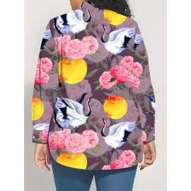Plus Size Women'S Long Sleeve Shirt with Crane and Floral Print | Retro Style Mid-Length Casual 3D Soft Comfortable Light Beige-Friendly Base Layer for SpringAutumn, Slight Stretch Fabric, Regular Sleeve Length