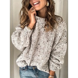 Plus Size Women's Oversized Warm Sweater - Beige & Brown Tones with Black Dots, Soft Crew Neck Long Sleeve Pullover, Cozy Winter Sweater for Fall/Winter Layering, Machine Washable Casual Sweating Sweater