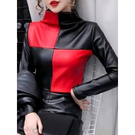 Women's Elegant -like Stretch Turtleneck Blazer Jacket-Like Top - Burgundy/Black/White/Gray Color Block H-Line Silhouette, Long Sleeve Shirt for Daily & Party Wear, Spring Summer Fall (No Chest Padding, Non-)