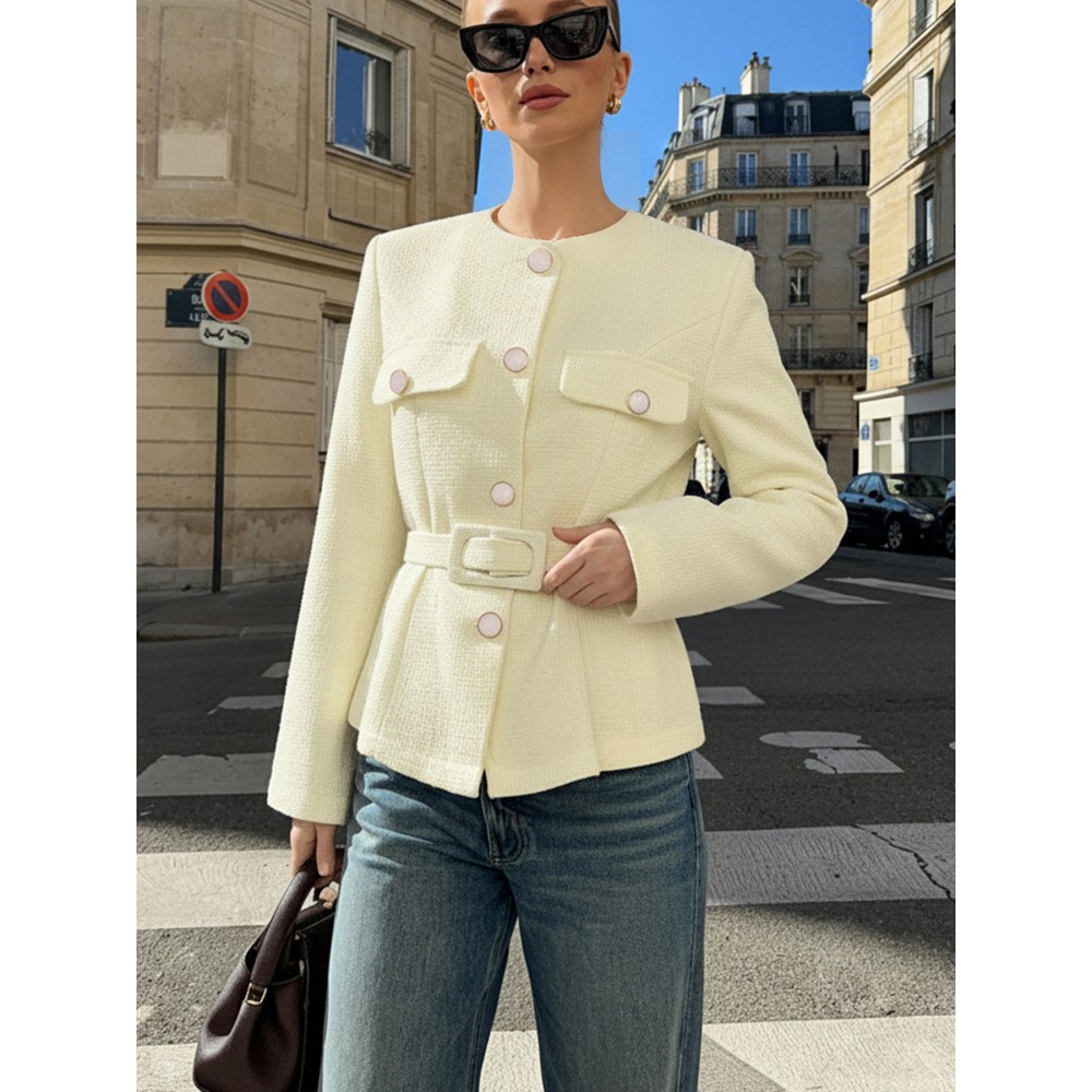 Elegant Versatile Waistcoat | Chic Casual Blazer, Stylish Slim-Fit Versatile Outerwear, Women'S Tweed Textured Commuting Single-Breasted Top, Material, Fall/Winter Season, Long Sleeve.