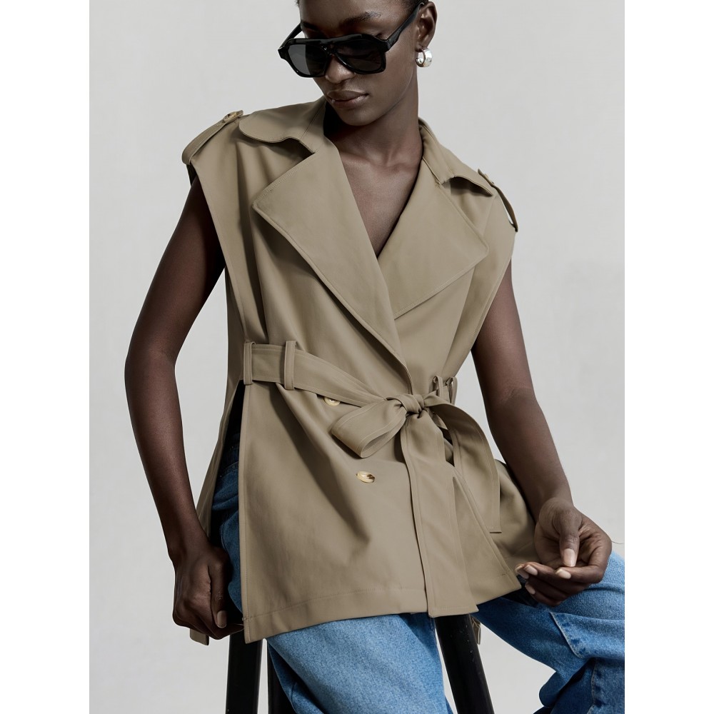 Women's Sleeveless Blazer Coat - Belted Lapel Collar H-Line Tailored Jacket, Beige/Brown/Black/Navy/Gray, Machine Washable All-Season Office Wedding Party Uniform, Structured Lapel Lapel Suit Outerwear